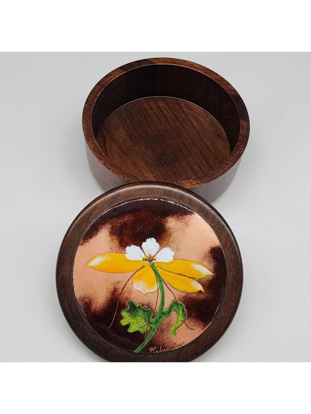 Enamel on Copper & Wooden Trinket Box Lid Floral Design Signed Round 6.5"